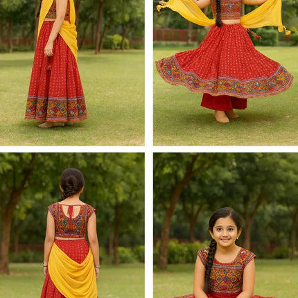 Red Navratri Lehenga Choli with Yellow Dupatta for Girls | Traditional Embroidered Chaniya Choli fancydresswale.com