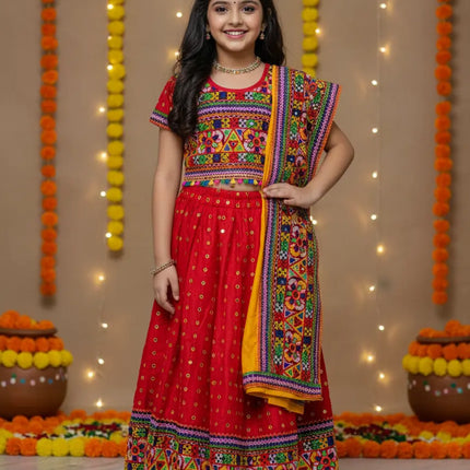 Red Navratri Lehenga Choli with Yellow Dupatta for Girls | Traditional Embroidered Chaniya Choli fancydresswale.com