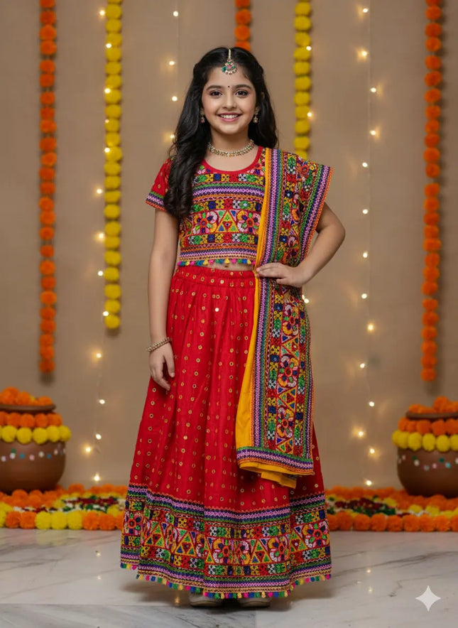 Red Navratri Lehenga Choli with Yellow Dupatta for Girls | Traditional Embroidered Chaniya Choli fancydresswale.com