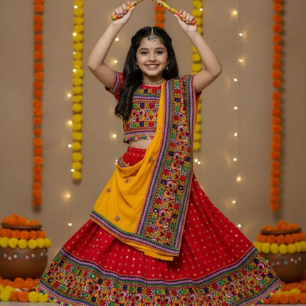 Red Navratri Lehenga Choli with Yellow Dupatta for Girls | Traditional Embroidered Chaniya Choli fancydresswale.com
