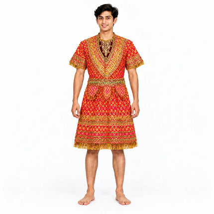 AI styling preview of red Raja Coat, front model view