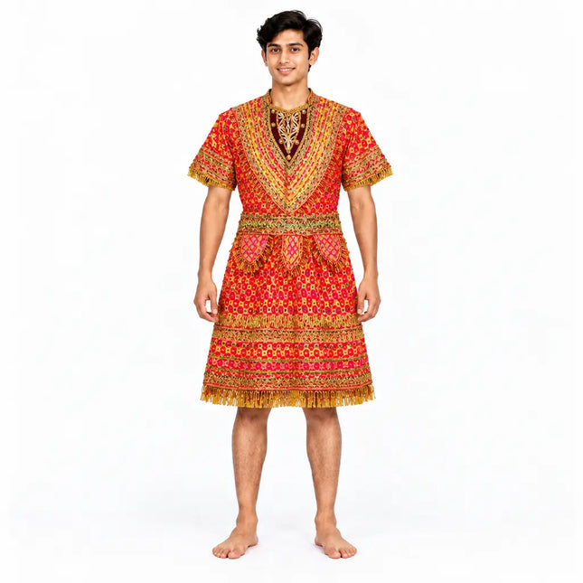 AI styling preview of red Raja Coat, front model view