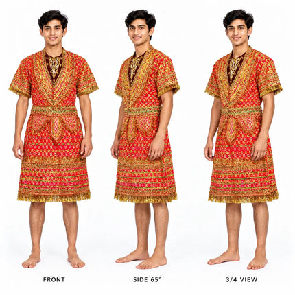 AI styling preview of red Raja Coat from three angles