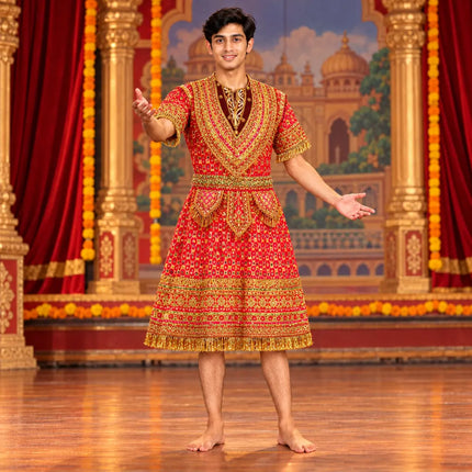 AI Ramleela stage styling preview of red Raja Coat