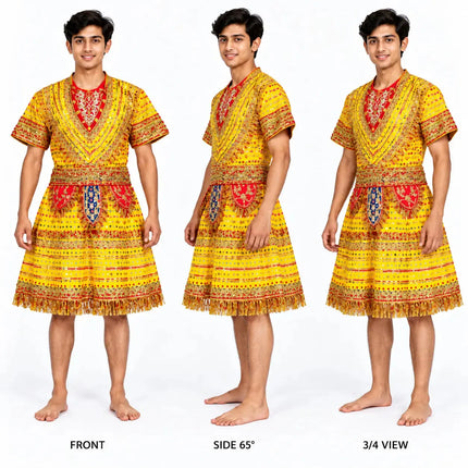 Front view of yellow and red Raja Coat with gold decorative detailing