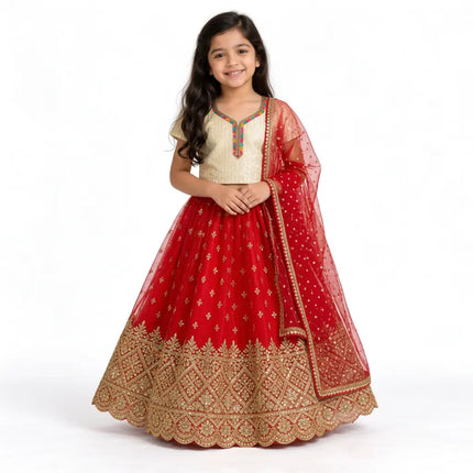 AI girl model in red Rani Net Lehenga front view