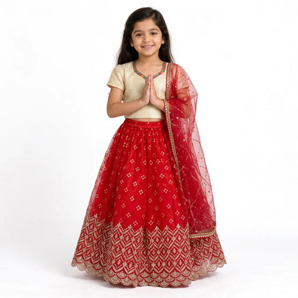 AI girl model red lehenga namaste pose