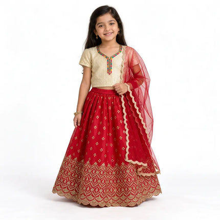 AI girl model red lehenga angled front view