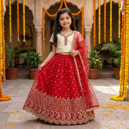 AI girl model red lehenga festive courtyard