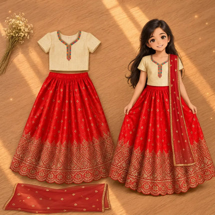 Red Rani Net Lehenga for Girls – Cream Blouse & Festive Border fancydresswale.com