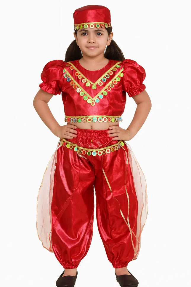 Red Satin Dance Costume with Cap for Girls – Fancy Dress & Cultural Stage Performance Outfit Fancydresswale.com
