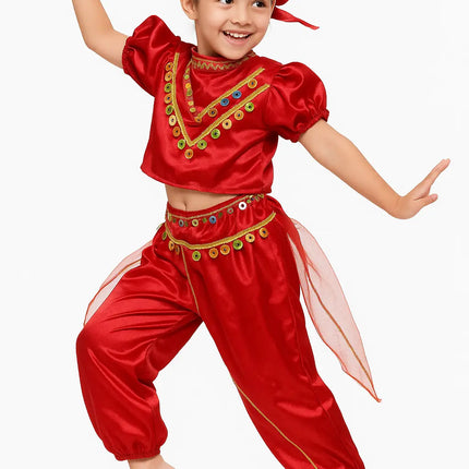 Red Satin Dance Costume with Cap for Girls – Fancy Dress & Cultural Stage Performance Outfit Fancydresswale.com