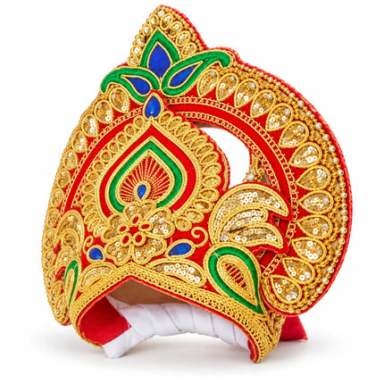 Red & Gold Peacock Motif Mukut Crown for Ramleela & Fancy Dress fancydresswale.com