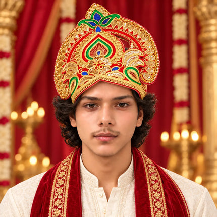 Red & Gold Peacock Motif Mukut Crown for Ramleela & Fancy Dress fancydresswale.com