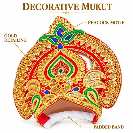 Red & Gold Peacock Motif Mukut Crown for Ramleela & Fancy Dress fancydresswale.com