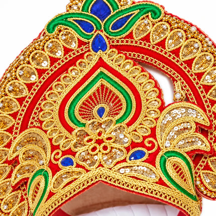 Red & Gold Peacock Motif Mukut Crown for Ramleela & Fancy Dress fancydresswale.com