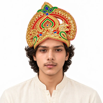 Red & Gold Peacock Motif Mukut Crown for Ramleela & Fancy Dress fancydresswale.com