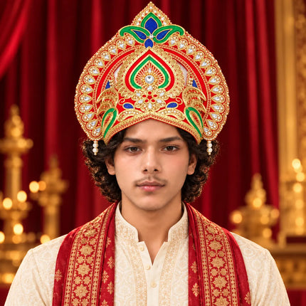 Red & Gold Peacock Motif Mukut Crown for Ramleela & Fancy Dress fancydresswale.com