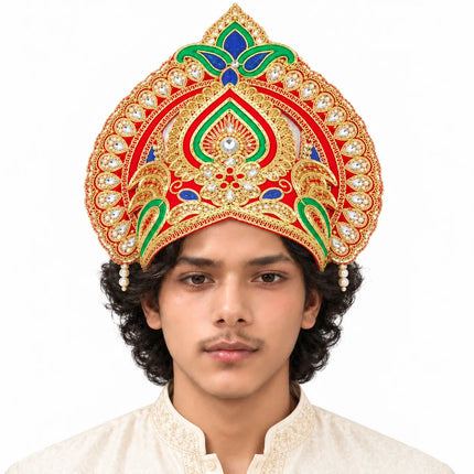 Red & Gold Peacock Motif Mukut Crown for Ramleela & Fancy Dress fancydresswale.com