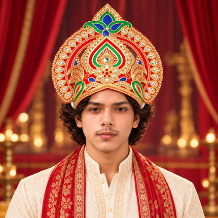 Red & Gold Peacock Motif Mukut Crown for Ramleela & Fancy Dress fancydresswale.com