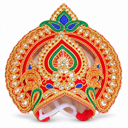 Red & Gold Peacock Motif Mukut Crown for Ramleela & Fancy Dress fancydresswale.com
