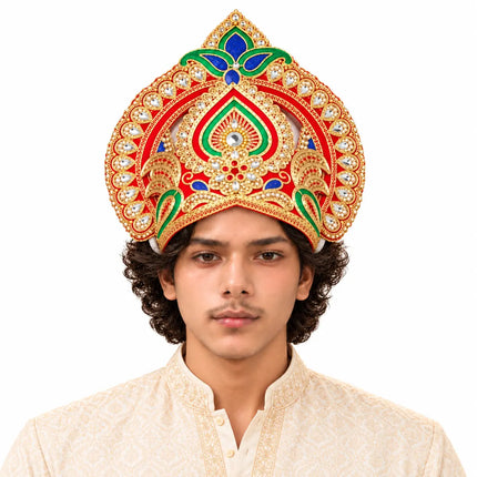 Red & Gold Peacock Motif Mukut Crown for Ramleela & Fancy Dress fancydresswale.com