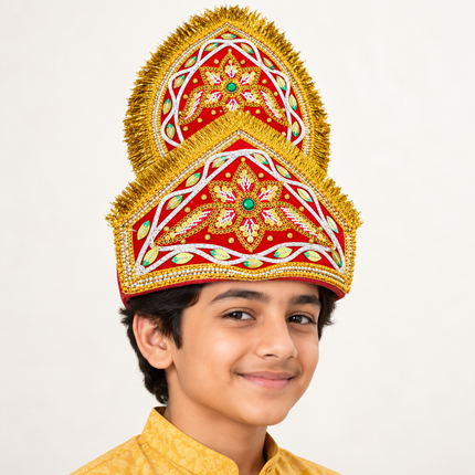 Handmade Double Mukut Crown for Kids (10+ Years) – Red and Black