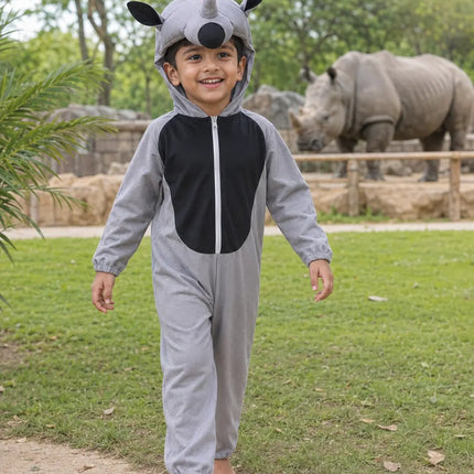 Rhinoceros Fancy Dress Costume – Cute Wild Animal Jumpsuit with Attached Hood fancydresswale.com