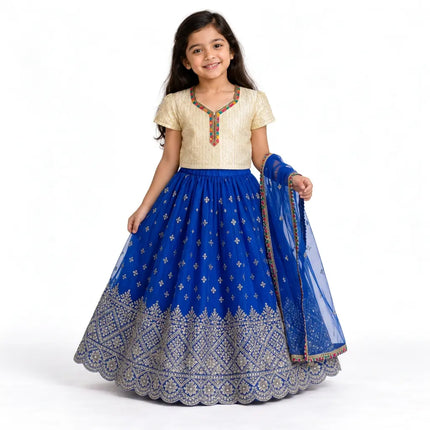 Royal Blue Rani Net Lehenga for Girls – Cream Blouse & Decorative Border fancydresswale.com