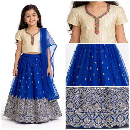 Royal Blue Rani Net Lehenga for Girls – Cream Blouse & Decorative Border fancydresswale.com