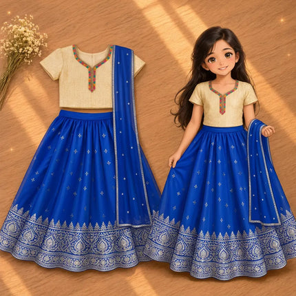 Illustrated girl and royal blue lehenga full outfit composition
