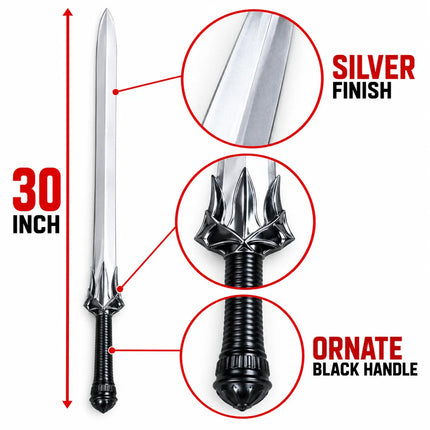 Samurai Talwar detail guide showing 30-inch size, silver-tone blade and black handle