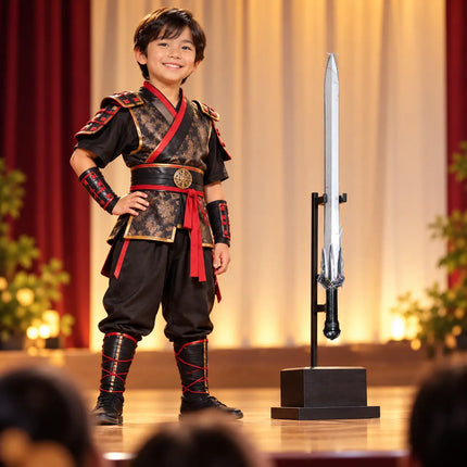 Samurai-inspired stage costume beside Talwar on a separate display stand