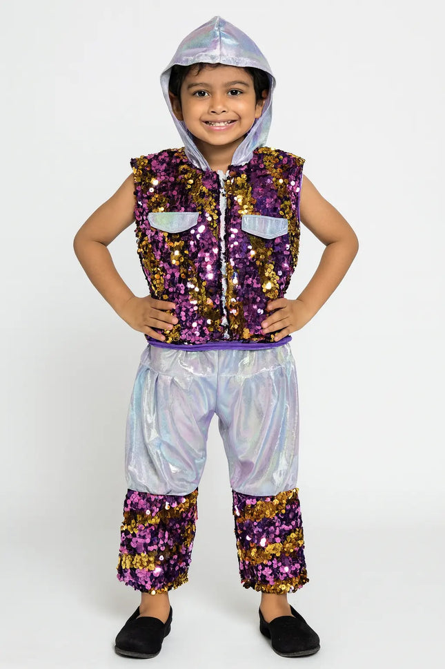 Shiny Purple & Gold Sequin Dance Costume with Hood for Kids – Fancy Dress & School Functions Fancydresswale.com