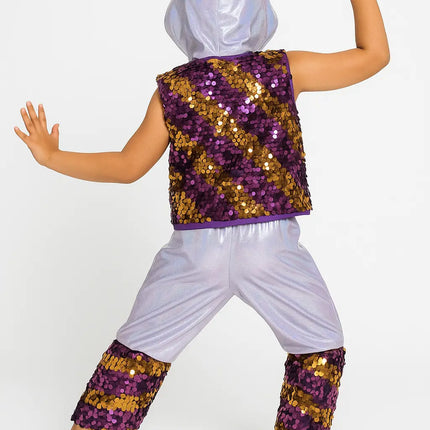 Shiny Purple & Gold Sequin Dance Costume with Hood for Kids – Fancy Dress & School Functions Fancydresswale.com