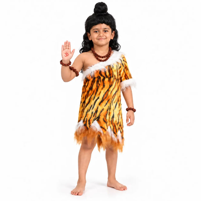 Child wearing Shiva costume with raised hand
