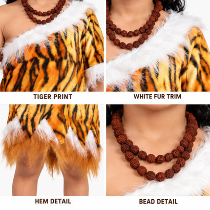 Tiger-print costume trim and bead detail