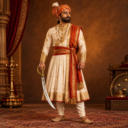 Maratha king costume styling with curved talwar accessory