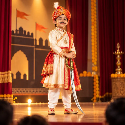 Child portraying a Maratha king on stage with talwar costume accessory