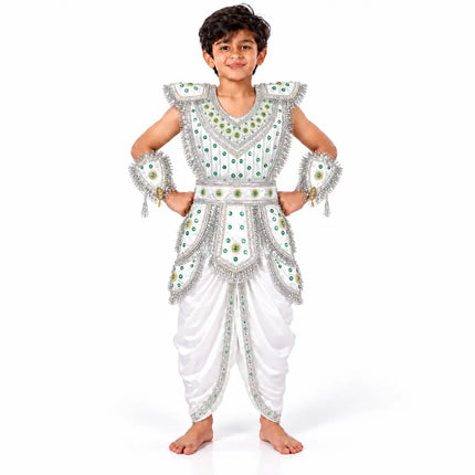 Boy wearing silver kavach with white dhoti