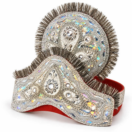 Silver Mukut crown angled view showing layered panels and fringe