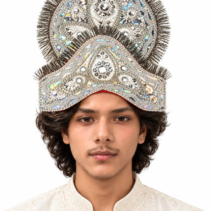 Model wearing the silver-tone two-tier Mukut crown