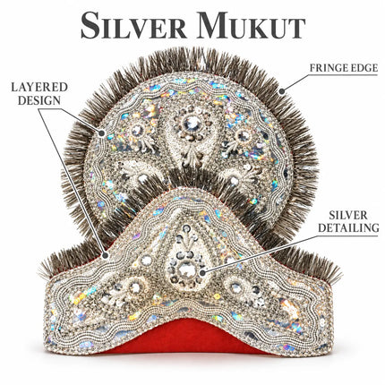 Silver Mukut graphic showing layered design, fringe edge and silver-tone detailing