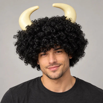 Singh With Hair – Black Curly Horned Costume Wig fancydresswale.com