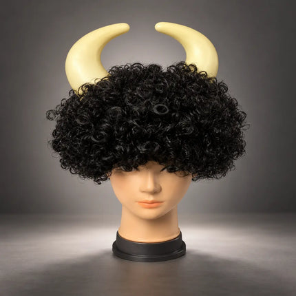 Singh With Hair – Black Curly Horned Costume Wig fancydresswale.com