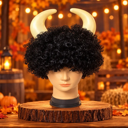 Singh With Hair – Black Curly Horned Costume Wig fancydresswale.com