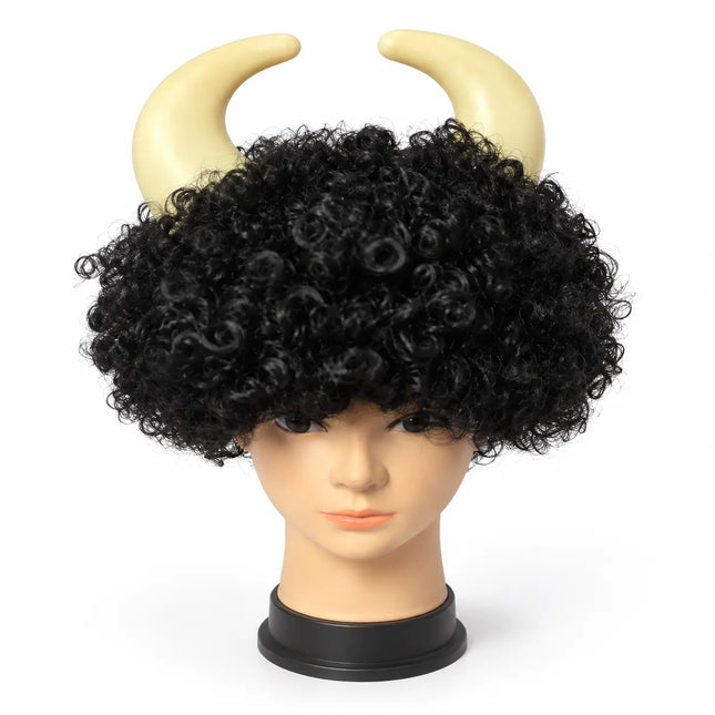 Singh With Hair – Black Curly Horned Costume Wig fancydresswale.com