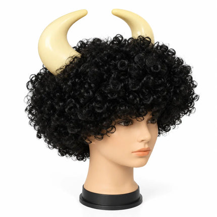 Singh With Hair – Black Curly Horned Costume Wig fancydresswale.com