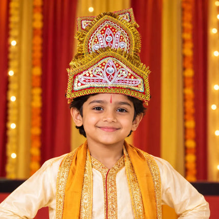 Small Double-Tier Mukut Crown for Kids (4-10 Years) – Navy Blue and Red fancydresswale.com