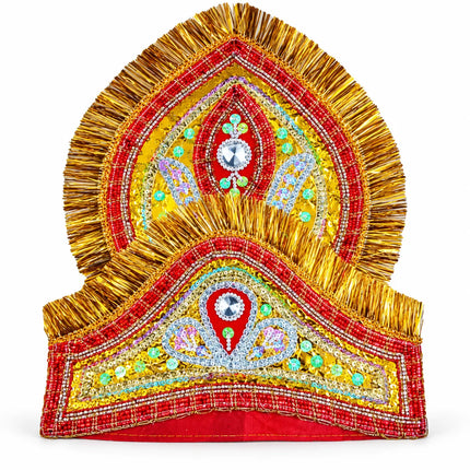 Small red and gold two-tier Mukut crown front view